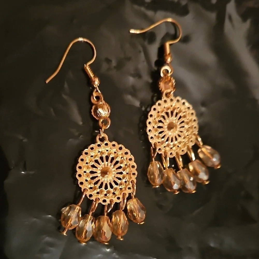 Gold Tone and Crystal Earrings, Dreamcatcher Shape, NWT
